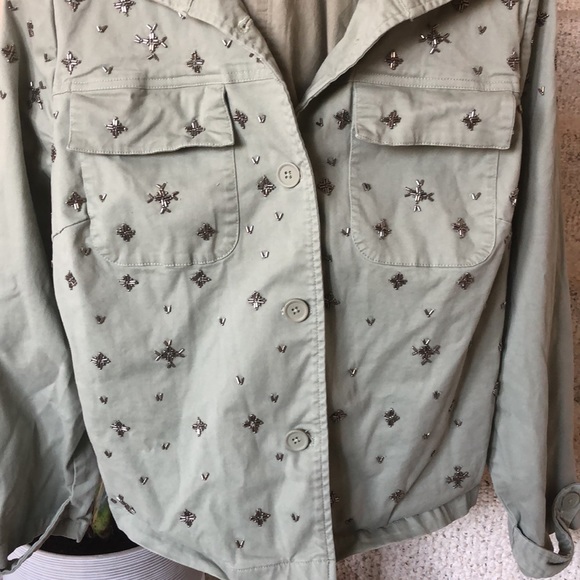 Chicos Green Boho Beaded Button Down Moto Jacket - Picture 4 of 10